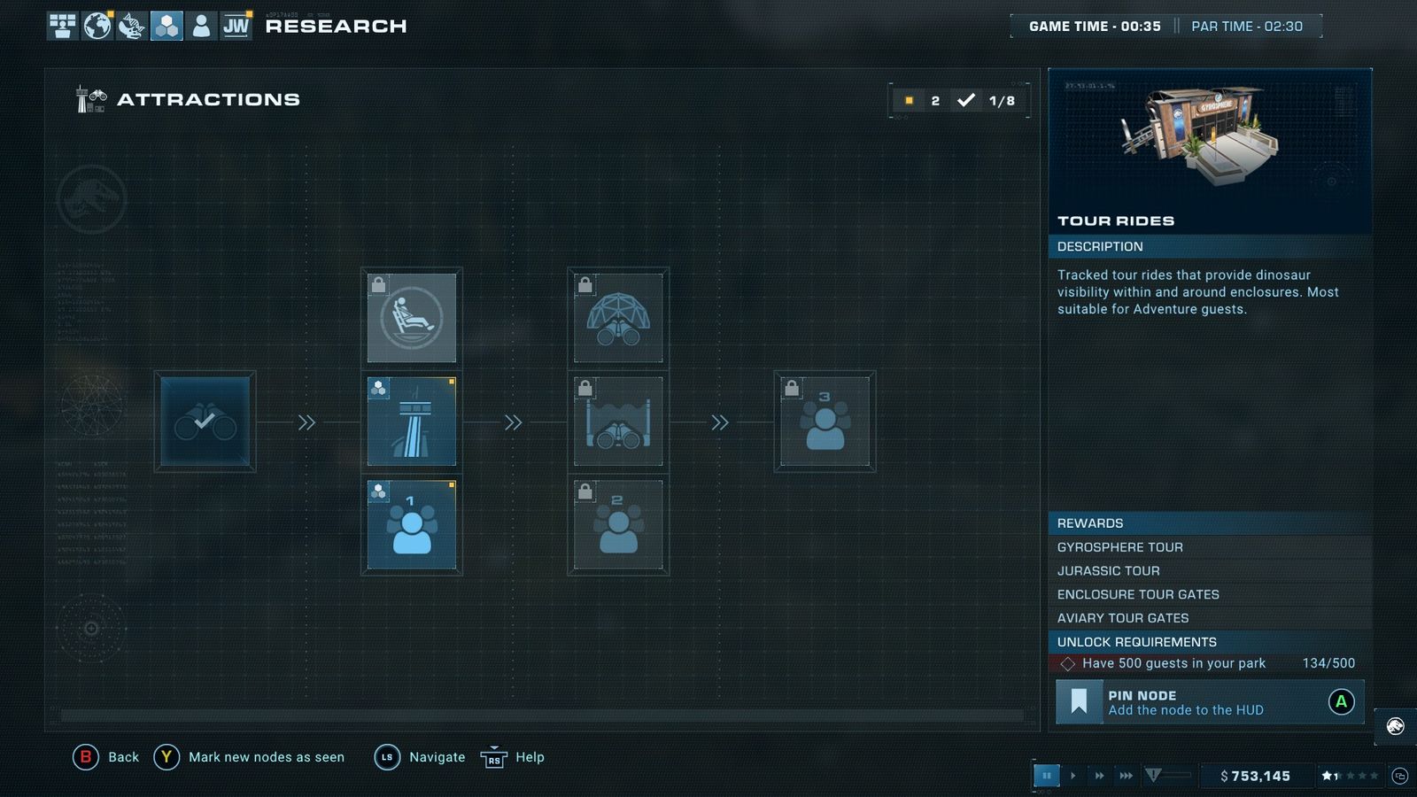 The tour rides research screen in Jurassic World Evolution 2. The research is still locked as the 500 guest requirement has not been filled. The screen shows the tour ride research unlocks 4 different tour-based items. 