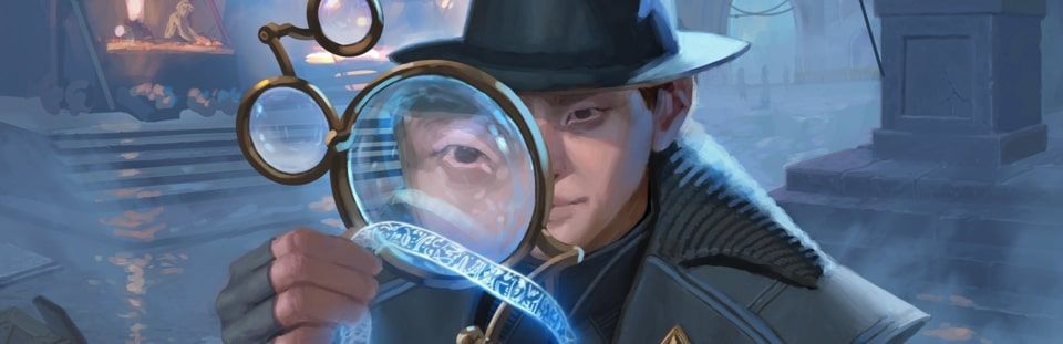 An image showing a character from the MTG Arena set with a magnifying glass in hand