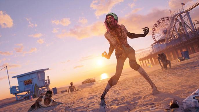 Dead Island 2 zombie on beach wearing helmet