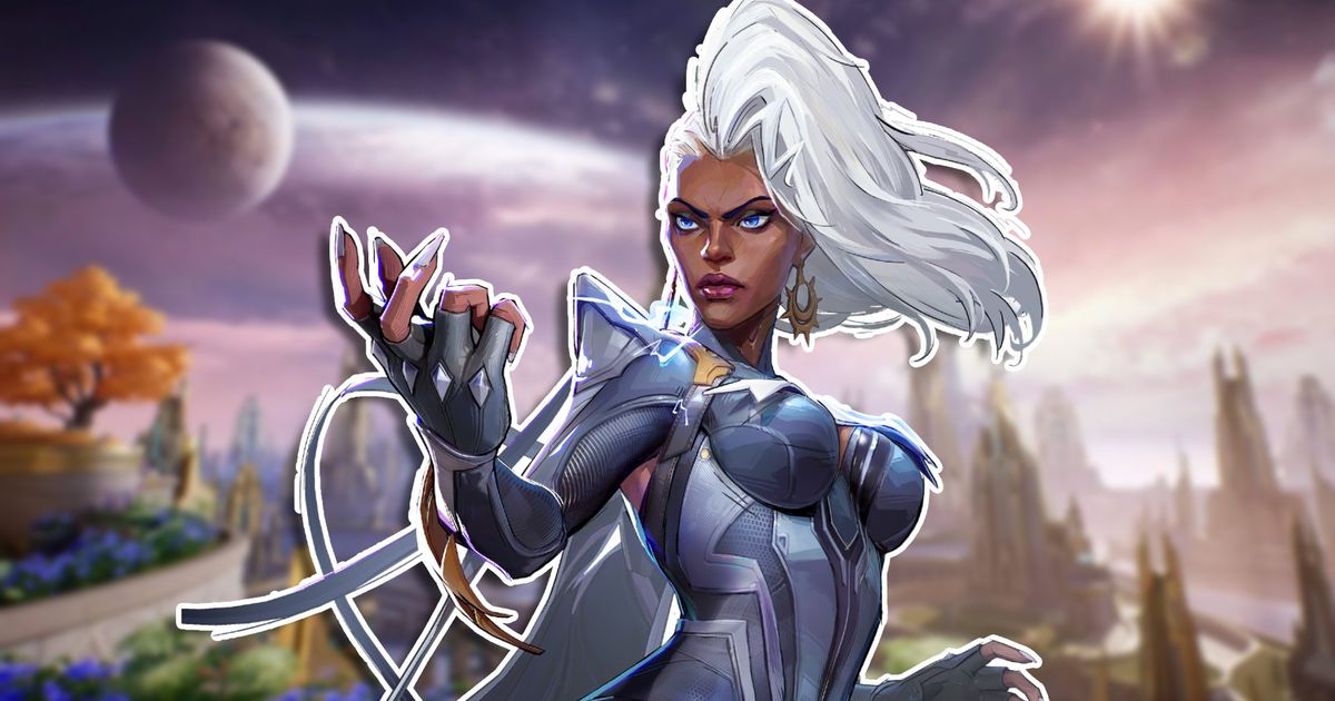 Storm from Marvel Rivals posing with her right arm outstretched, placed above a blurred background of the Asgard map.