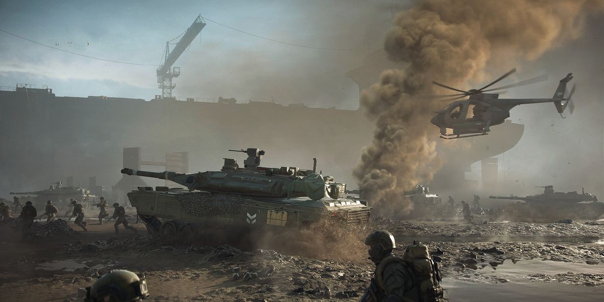 Battlefield 2042 soldiers fight while a tank and helicopter attack overhead.