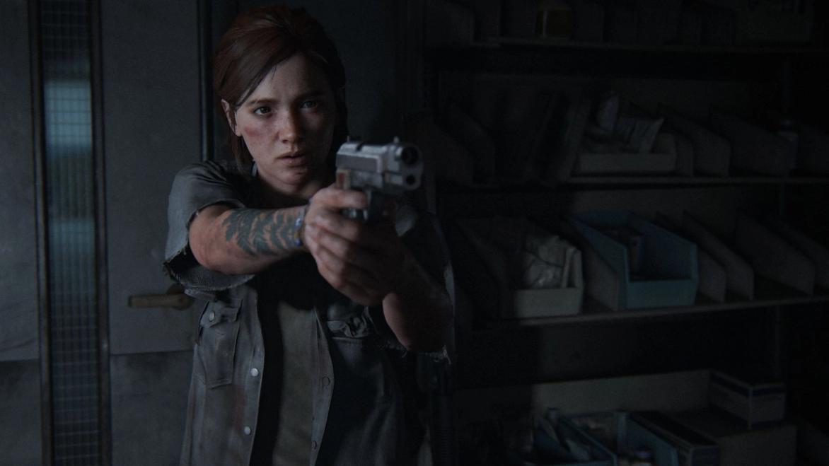 Ellie pointing a gun at someone in The Last of Us part 2