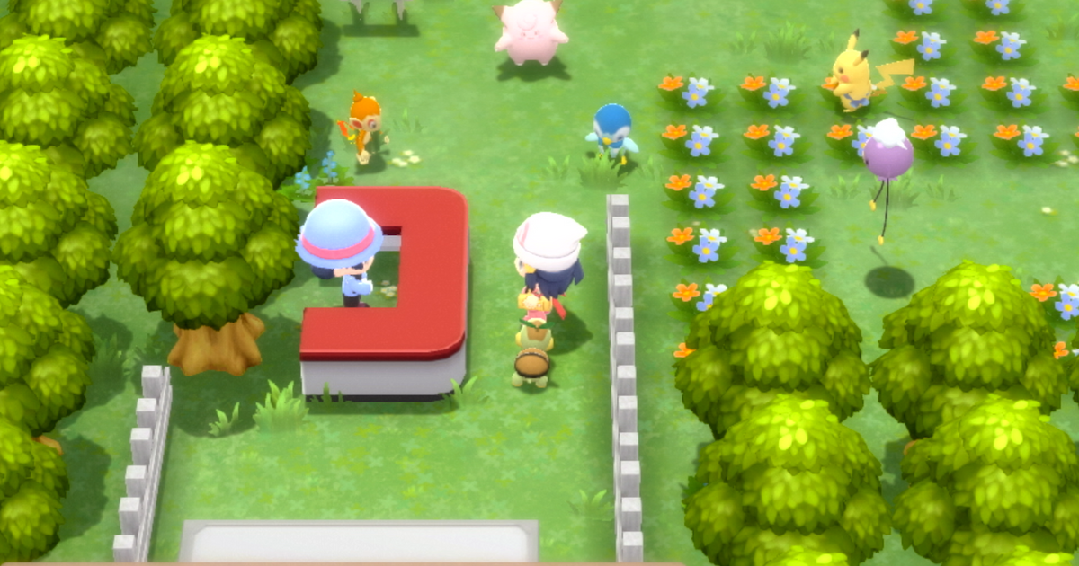 A Pokémon Trainer and their Turtwig are standing at the Amity Square West Gate in Pokémon Brilliant Diamond and Shining Pearl.