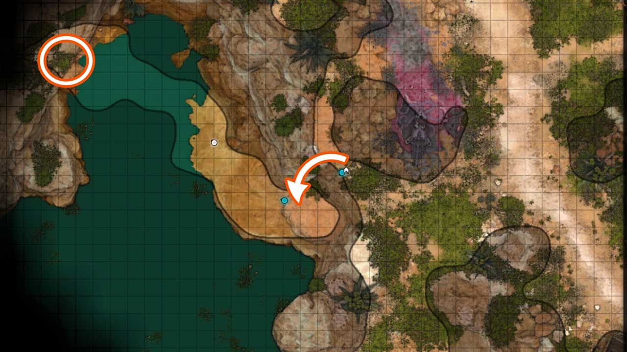 A map showing the location of the Scuffed Rock in Baldur's Gate 3 in relation to where Asterion is found.