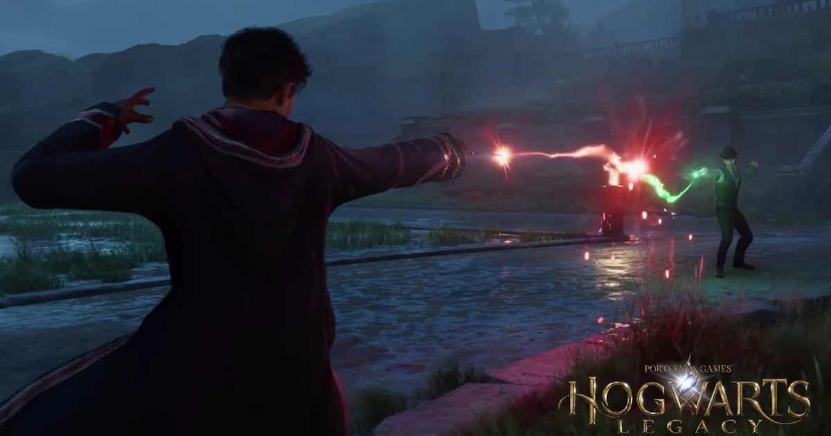 Two characters are fighting using spells in Hogwarts Legacy.