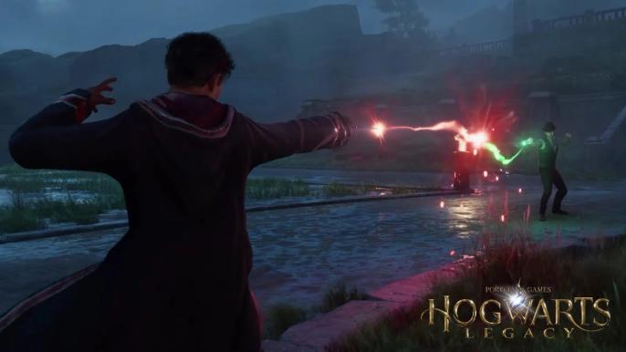 Two characters are fighting using spells in Hogwarts Legacy.