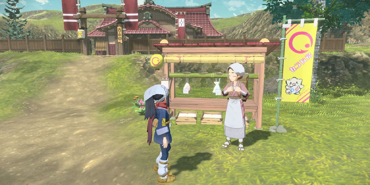 A player is speaking with Simona at the Trade Post of Jubilife Village in Pokémon Legends: Arceus.