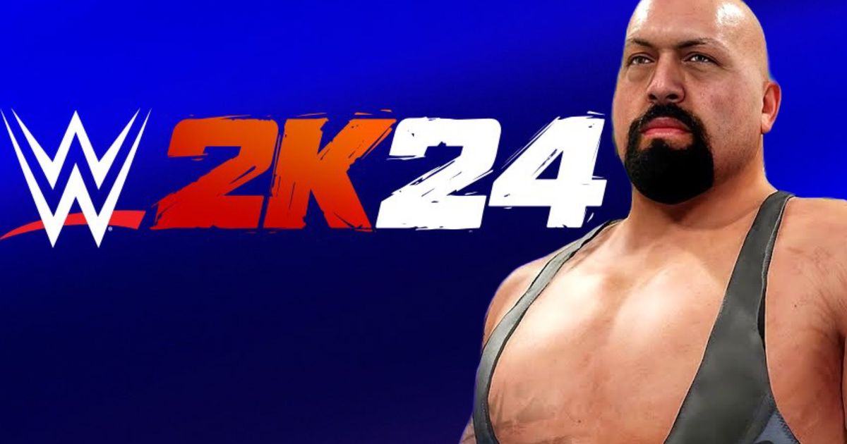 A 3D model of Big Show on top of the WWE 2K24 logo