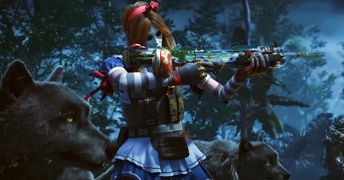 COD Mobile - woman with mask aiming a gun, with two wolves stood next to her in a forest