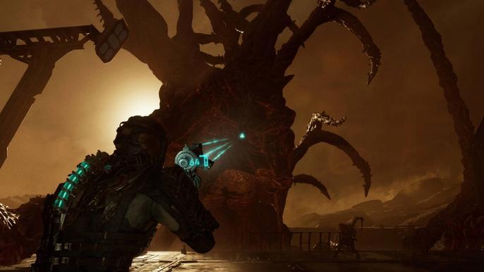 Isaac firing at the Hive Mind's exposed torso in Dead Space remake