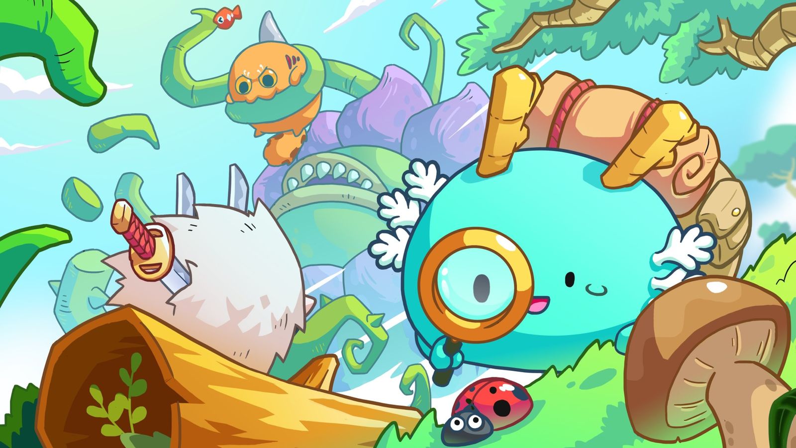 Image from Axie Infinity, showing a blue Axie inspecting a ladybird