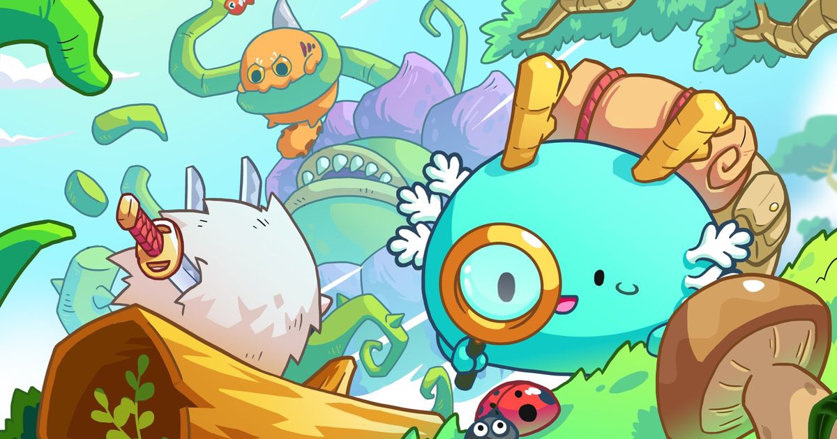 Image from Axie Infinity, showing a blue Axie inspecting a ladybird