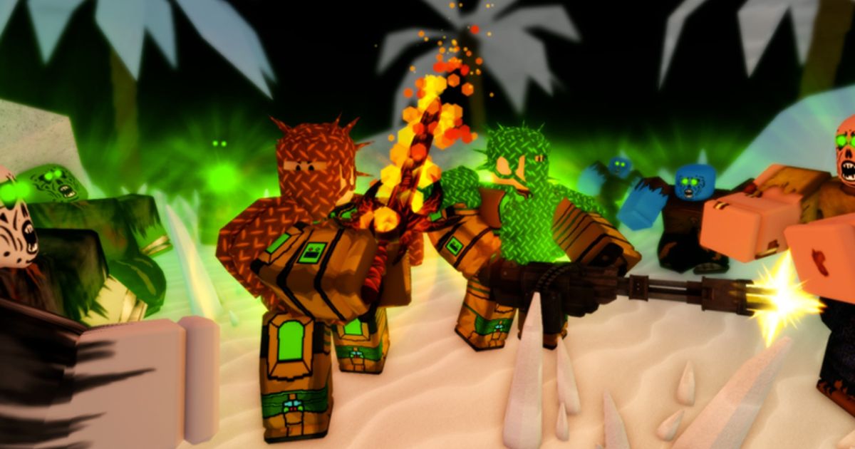 Image of Roblox characters fighing off zombies in Survival Zombie Tycoon.