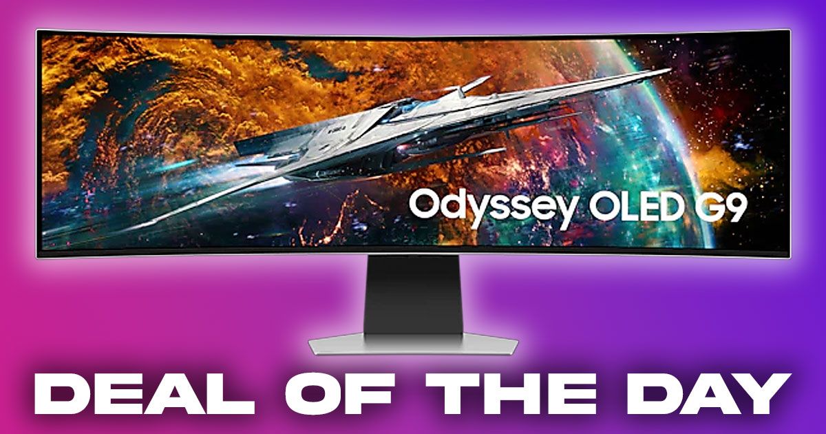 A ultrawide, curved, gray gaming monitor with a Sci-Fi space scene on the display above "Deal Of The Day" branding.