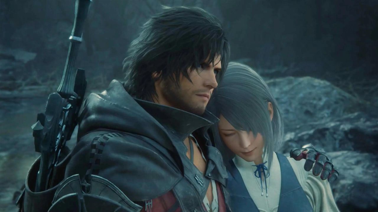 Clive holding a woman in Final Fantasy 16.