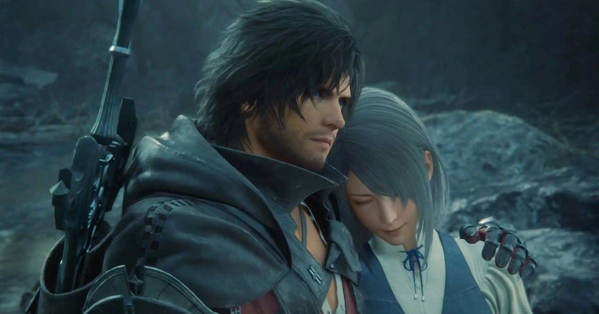 Clive holding a woman in Final Fantasy 16.