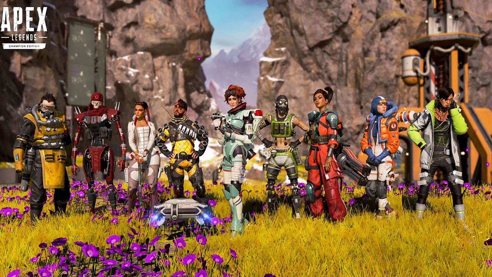 Screenshot of Apex Legends characters lined up in front of gap between two rocks
