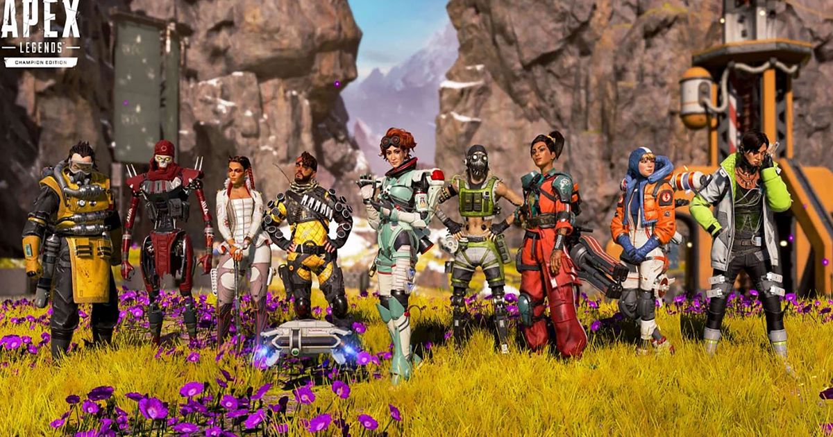 Screenshot of Apex Legends characters lined up in front of gap between two rocks