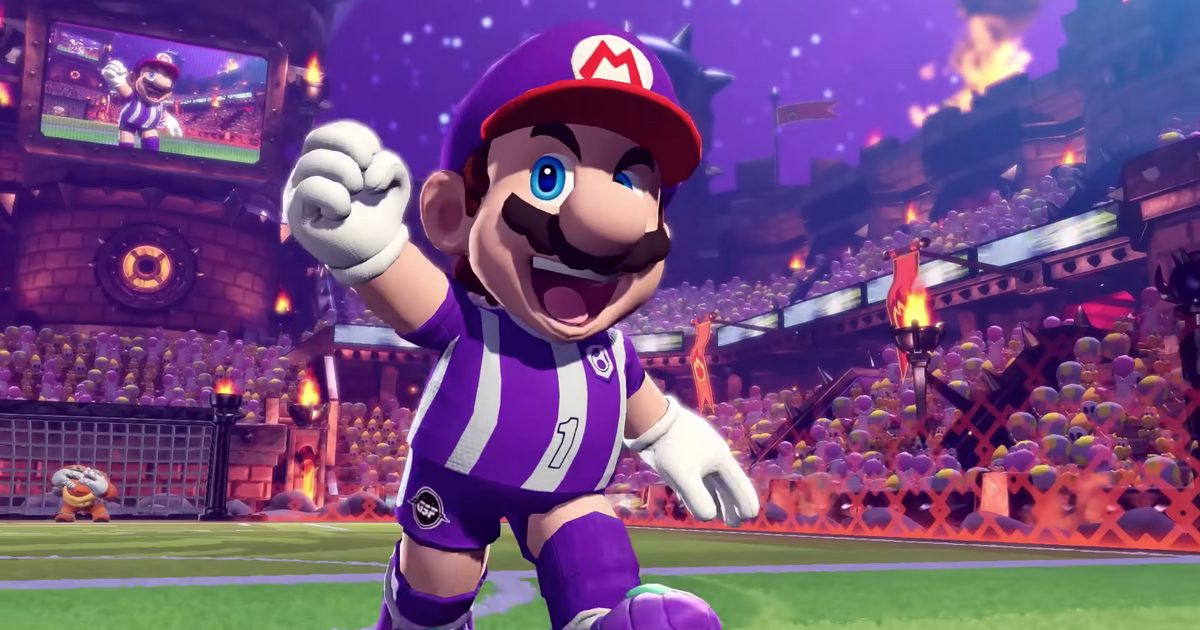 Image of Mario celebrating in Mario Strikers: Battle League.