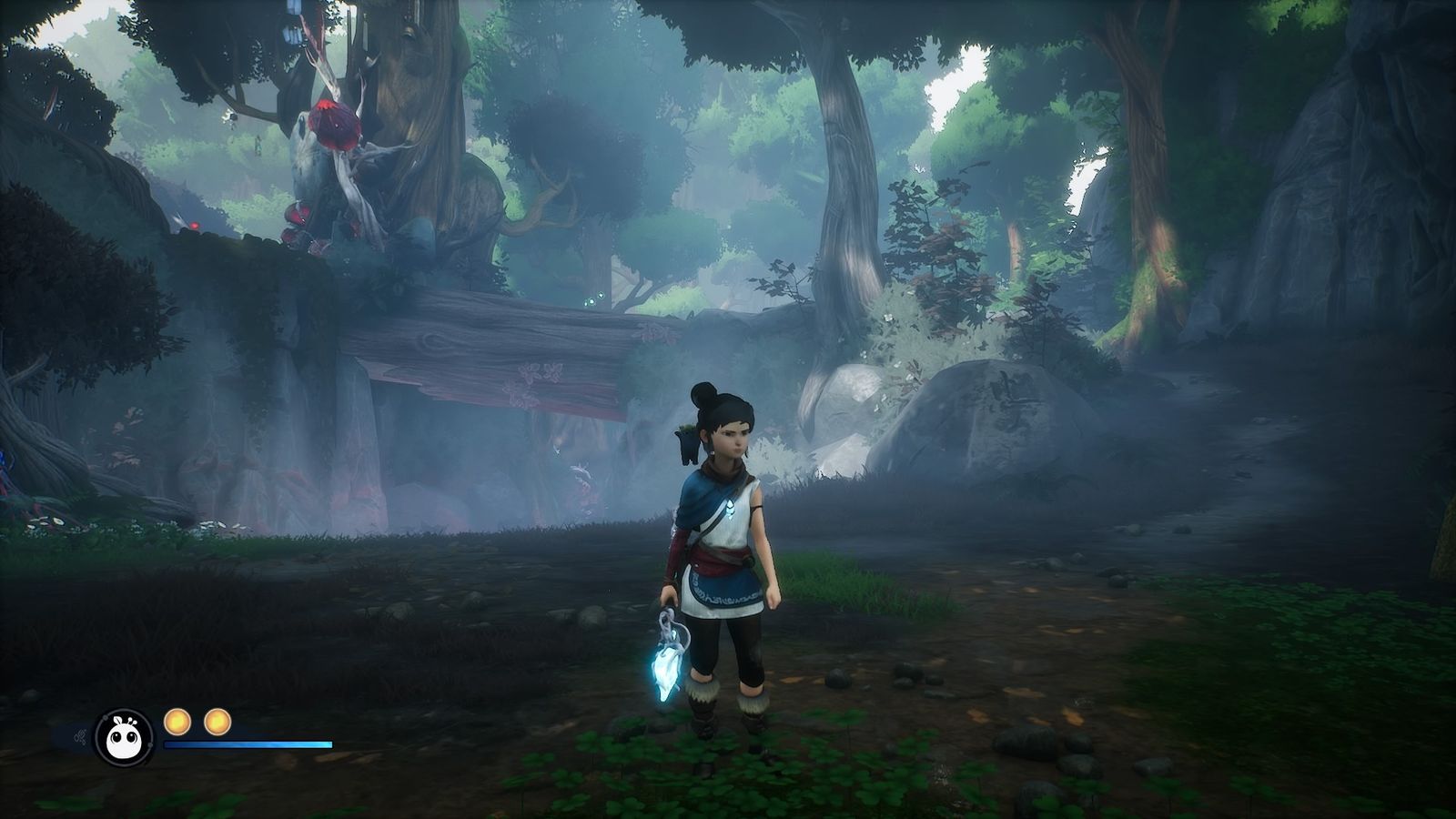 Kena standing in Wood Shrine Clearing forest path on right