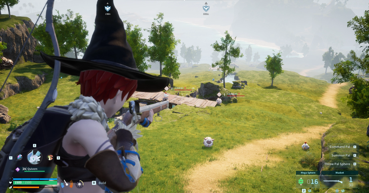 Palworld player pointing musket with gunpowder bullets at hills on sheep
