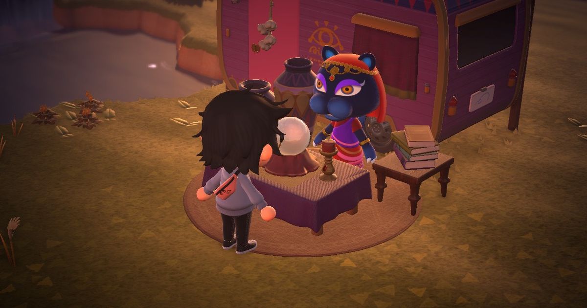 A player and Katrina, the fortune-teller, on Harv's Island in Animal Crossing: New Horizons.