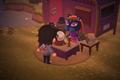 A player and Katrina, the fortune-teller, on Harv's Island in Animal Crossing: New Horizons.