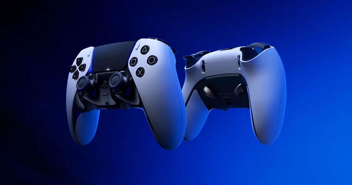 A white and black controller shot from the front and back in front of a dark blue background.