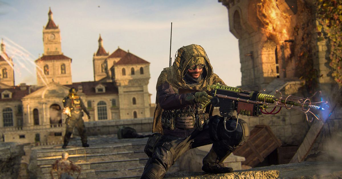 Warzone player holding Wonder Weapon with building and player firing gun in background