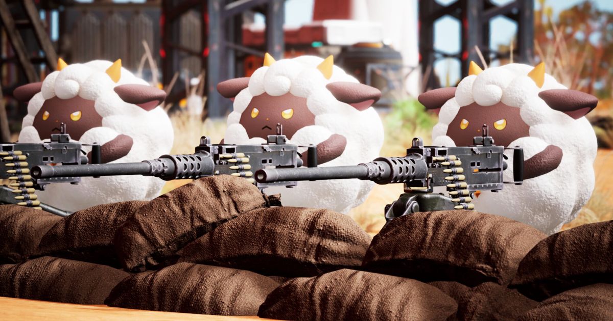 Three round white sheep with yellow eyes firing weapons mounted over sandbags.