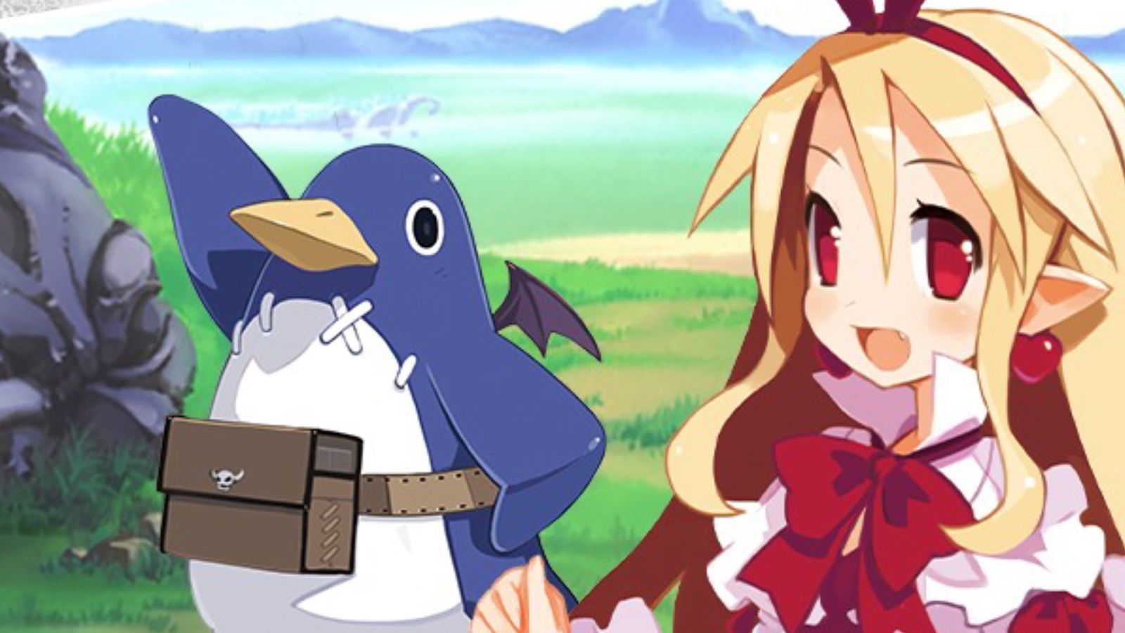 Screenshot from Disgaea RPG, showing a penguin and one other character on a grassy hill