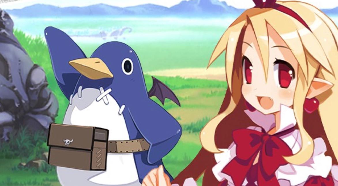 Screenshot from Disgaea RPG, showing a penguin and one other character on a grassy hill