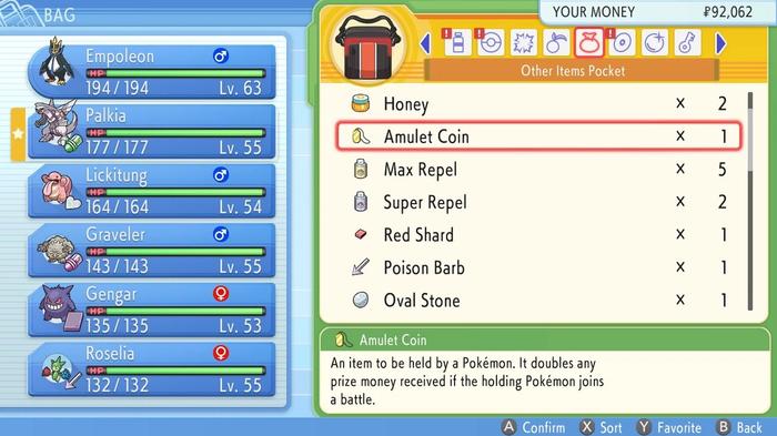 In the Bag section of the Pokémon Brilliant Diamond and Shining Pearl menu, a player has an Amulet Coin in their possession.