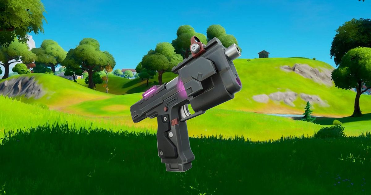 The Fortnite Lock-On pistol with a background featuring a Fortnite landmark