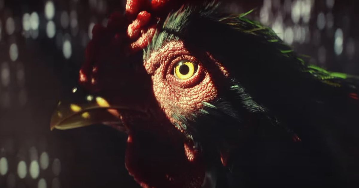 Far Cry 6 Amigo Chicharron, a rooster, in a crate during the Ubisoft Chicharron run trailer.