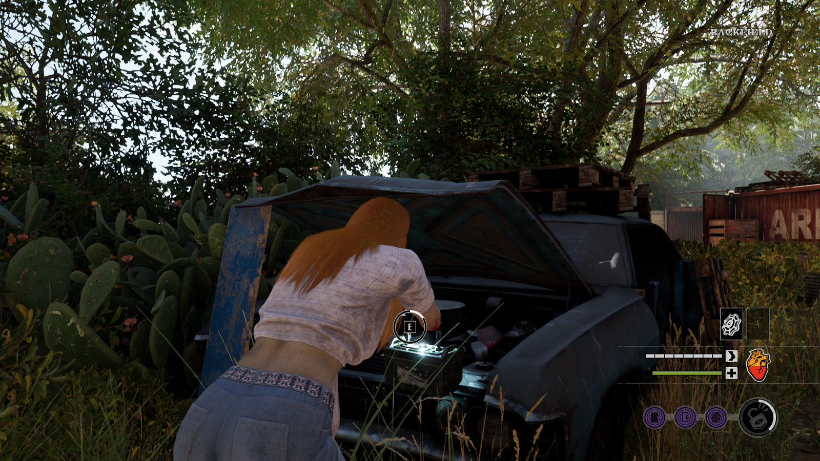 Connie using the car battery in Texas Chain Saw Massacre