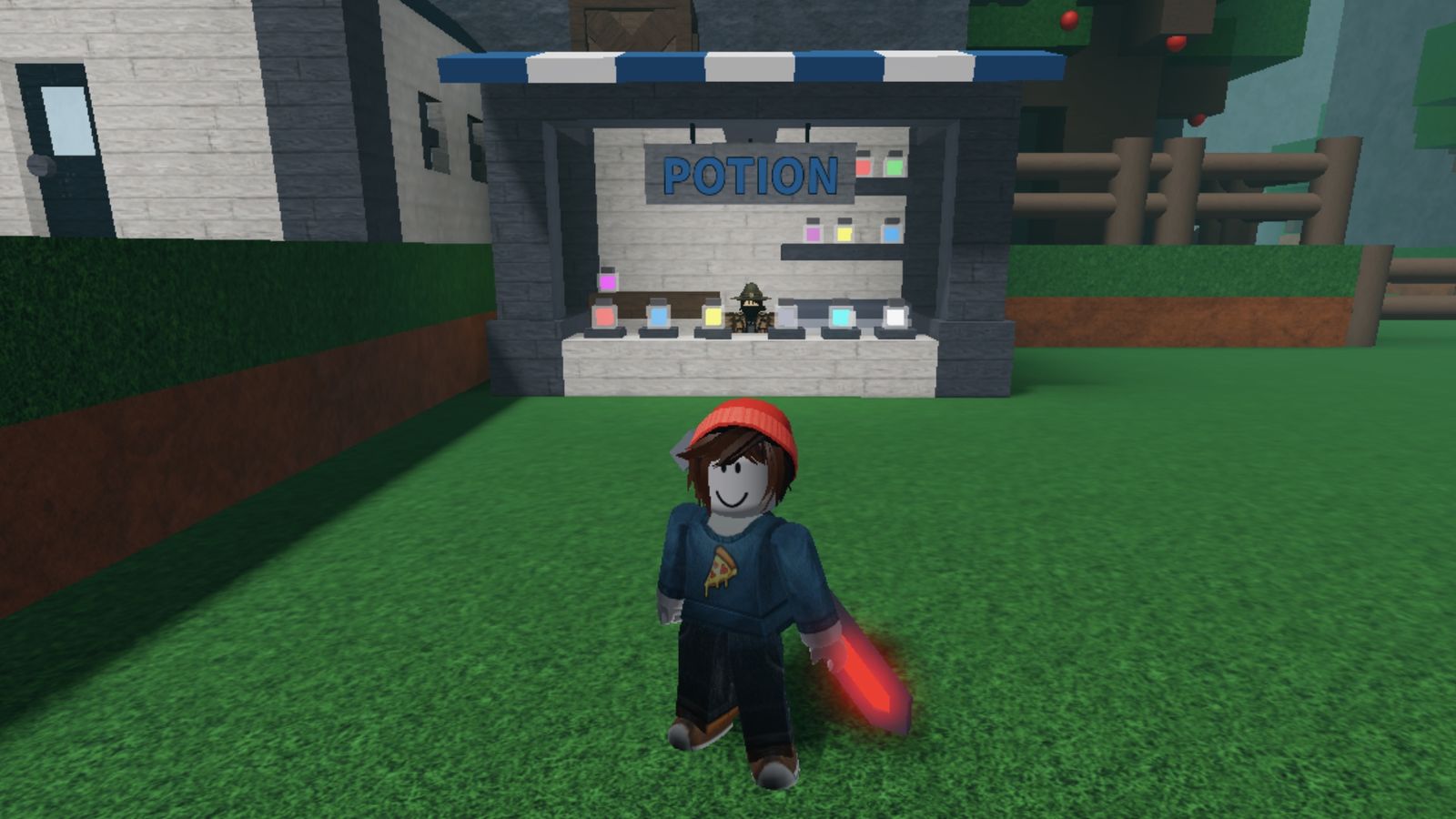 Screenshot from Critical Legends, showing a Roblox avatar in front of the potion store
