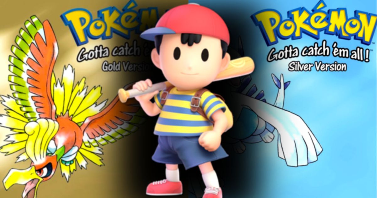 Earthbound's Ness standing between the covers of Pokémon Gold and Pokémon Silver