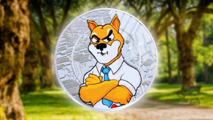 Silver coin with a Shiba Inu dog in a shirt, against a blurred background of a green park.
