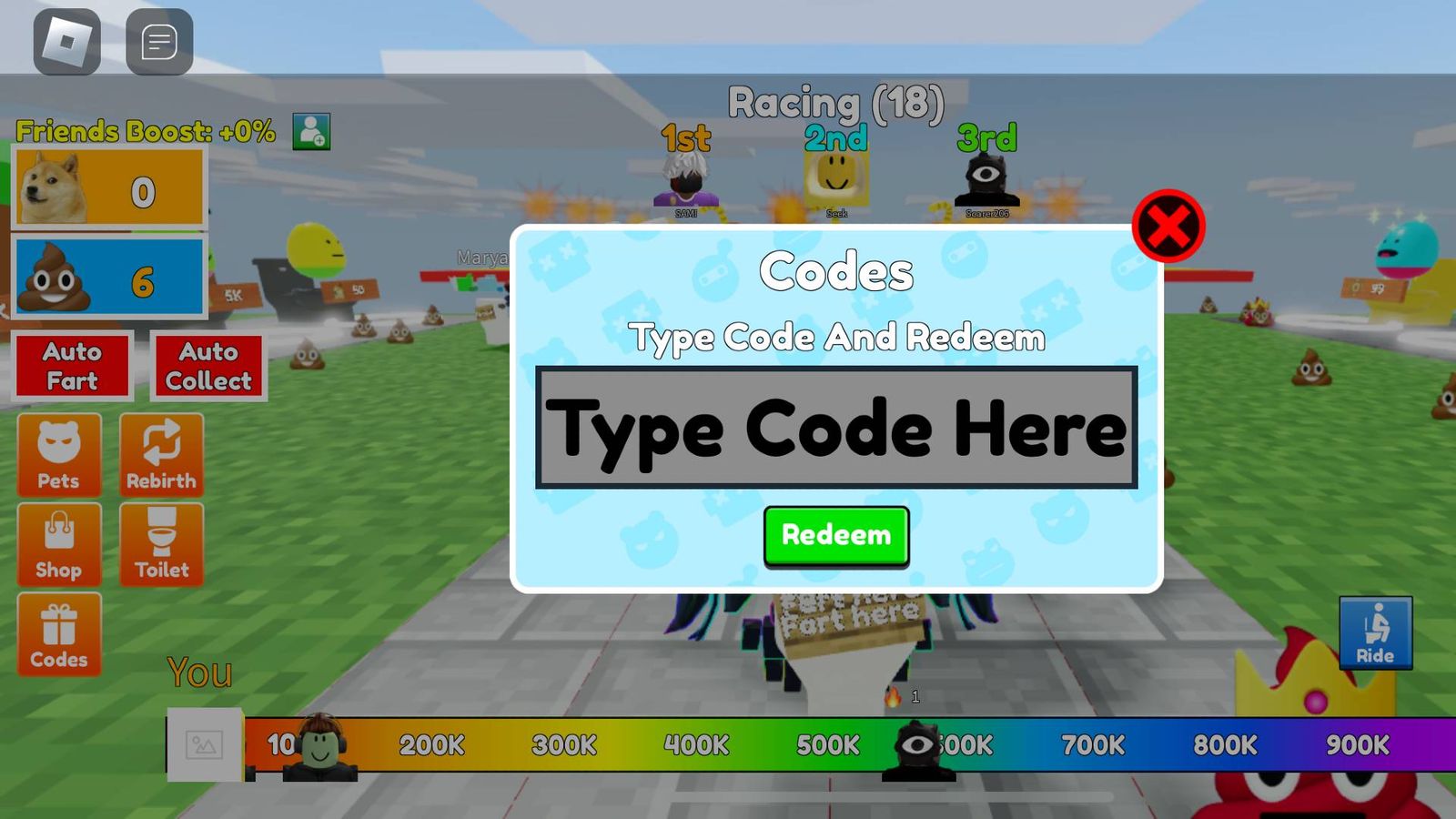 Image of the code redemption menu in Fart Race on Roblox.