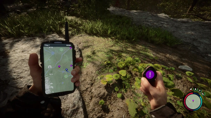 character using a GPS locator in Sons of the forest