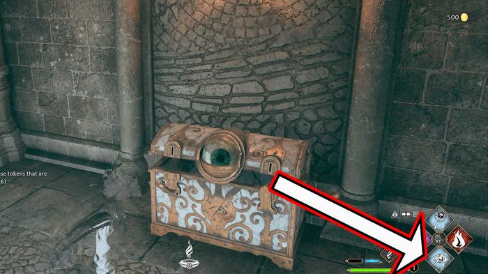 Unlocking an eye chest in Hogwarts Legacy with the Disillusionment charm.