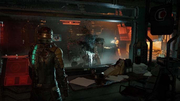 Isaac witnessing a crewmate be killed by a necromorph in the Dead Space remake