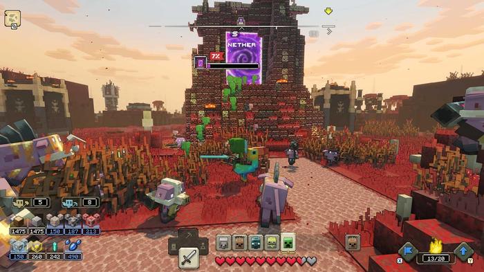 Using a melee attack in Minecraft Legends to fend off Piglins.