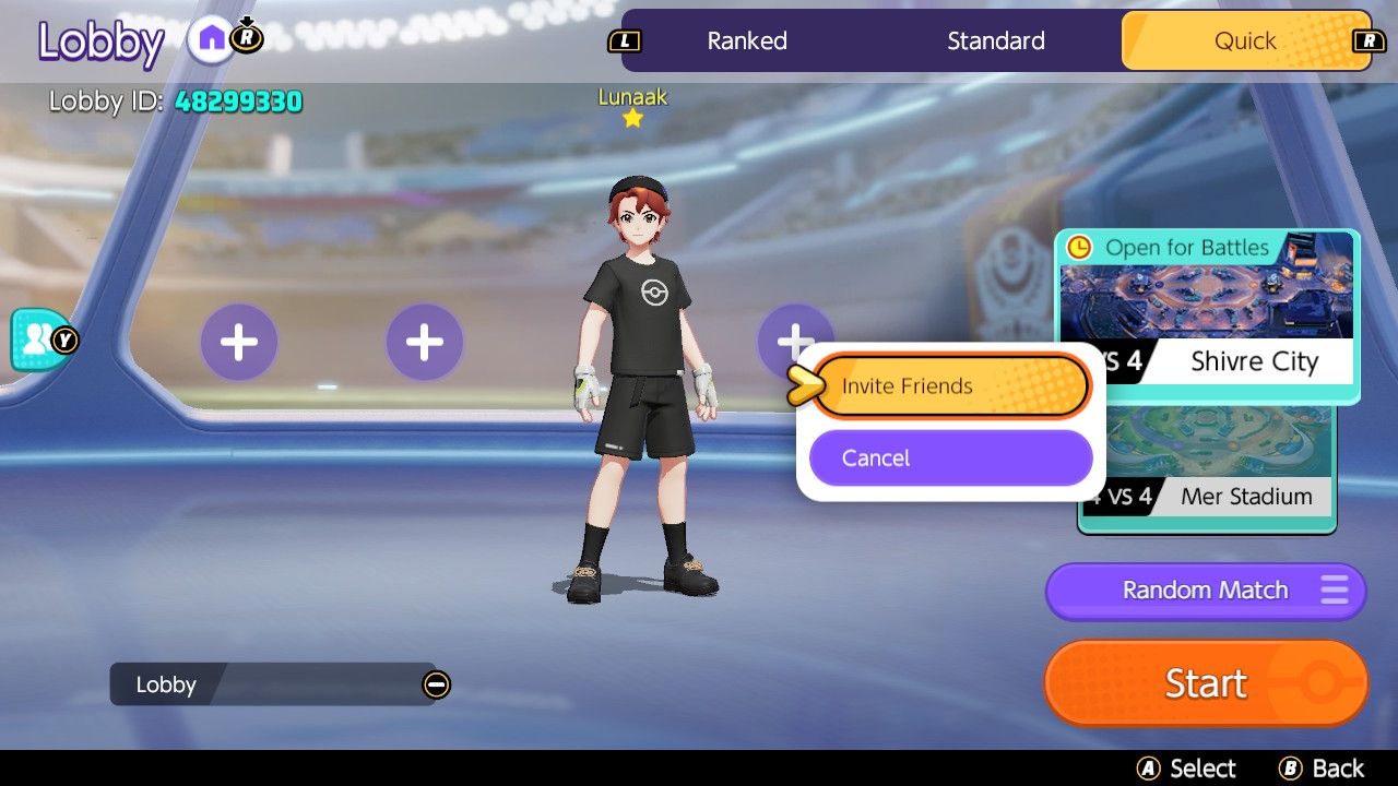 The Unite Battle screen showing the Pokémon Unite Invite Friends button.