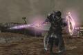 An image of a paladin from Final Fantasy XIV, wielding his Shadowbringers Relic Weapon. He is sprinting through a war-torn battlefield.