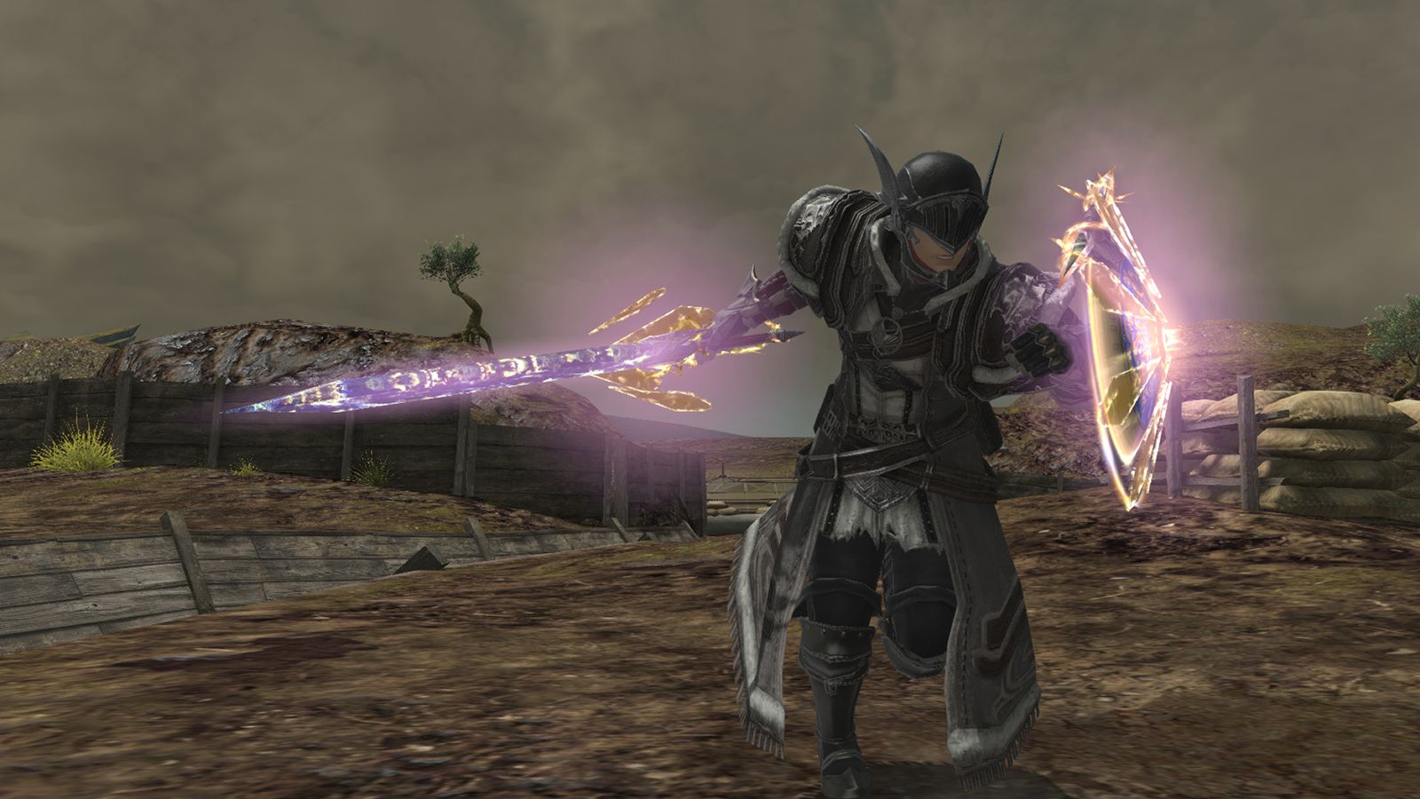 An image of a paladin from Final Fantasy XIV, wielding his Shadowbringers Relic Weapon. He is sprinting through a war-torn battlefield.