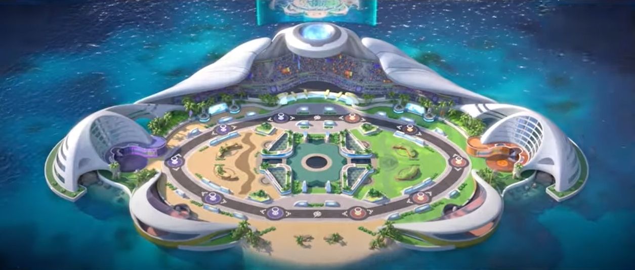 An overhead shot of the map used in Pokemon Unite.