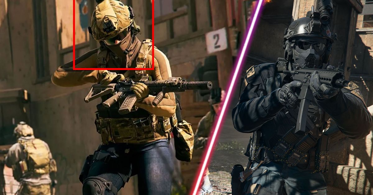 Screenshot showing Modern Warfare 2 examining gun with red box around their head and Modern Warfare 2 player holding SMG