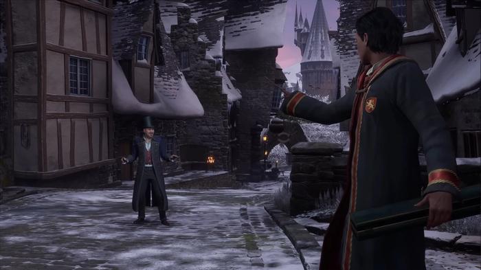 Two wizards about to fight in an alleyway in Hogwarts Legacy
